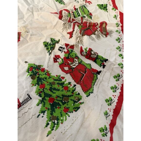 VTG MCM Christmas Tablecloth Round Fringed Santa Trees Bells Holiday Table Read - Picture 10 of 12